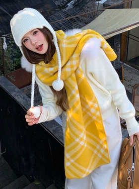 黄色格纹围巾女秋冬高级感含羊毛软糯保暖围脖加长慵懒氛围感披肩