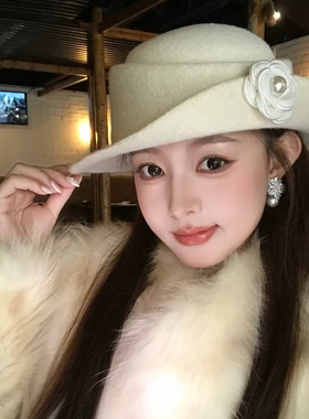 白色小香风留学千金风卷边礼帽女秋冬贵气名媛赫本风优雅气质盆帽