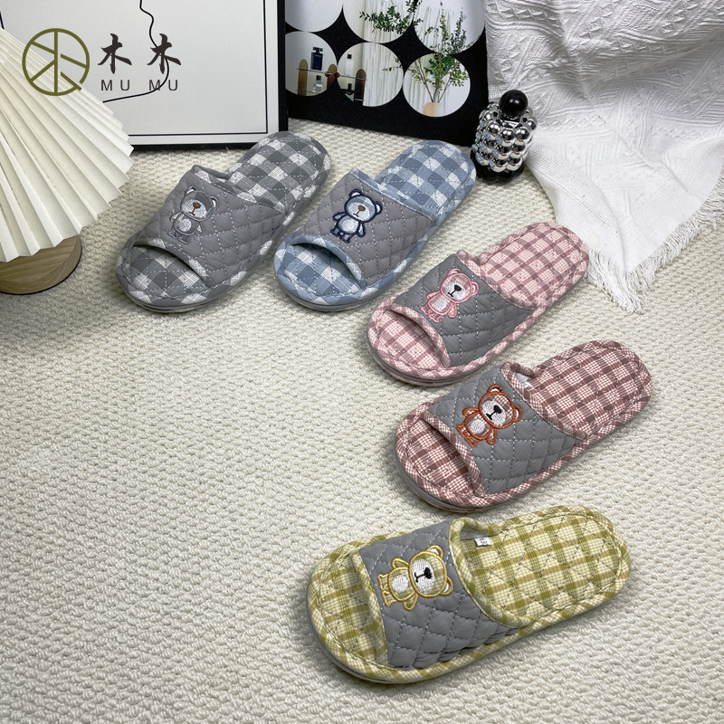 居梦家新款纯棉加厚三层布底防滑静音男女情侣家居室内地板砖拖鞋