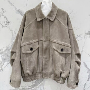 今年流行特惠真皮皮衣HN5218秋冬头层山羊反绒工装 口袋廓形欧美