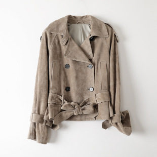 今年流行特惠真皮皮衣HN5155老钱风大翻领绵羊皮反绒双排扣腰带