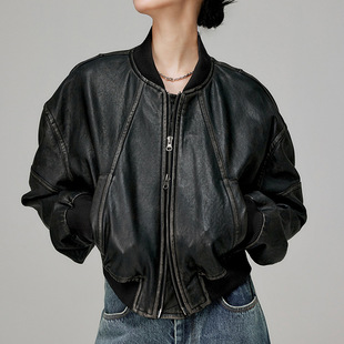 今年流行特惠真皮皮衣HN3247复古风美式 擦色植鞣羊皮棒球夹克针织