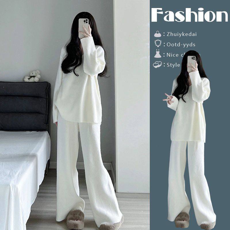 今年流行特惠大码韩系慵懒风毛衣女秋冬套装宽松V领针织上衣