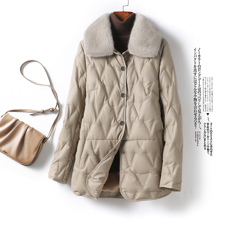 今年流行特惠眞皮衣女外套水貂毛领高端气质白鸭绒绵羊皮2025新款