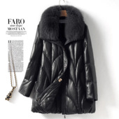 今年流行特惠海宁眞皮羽绒女士中长款 狐狸毛领加厚90白鸭绒皮外套