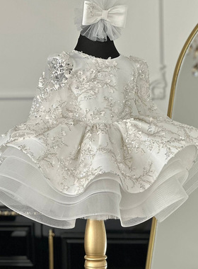 Children's Dress公主裙女童长袖银灰色手工贴花中小童蓬蓬纱裙子