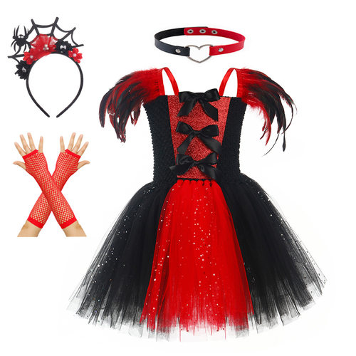 欧美吸血鬼连衣裙万圣节僵尸装扮服装哥特式女巫裙羽毛亮片蓬蓬裙