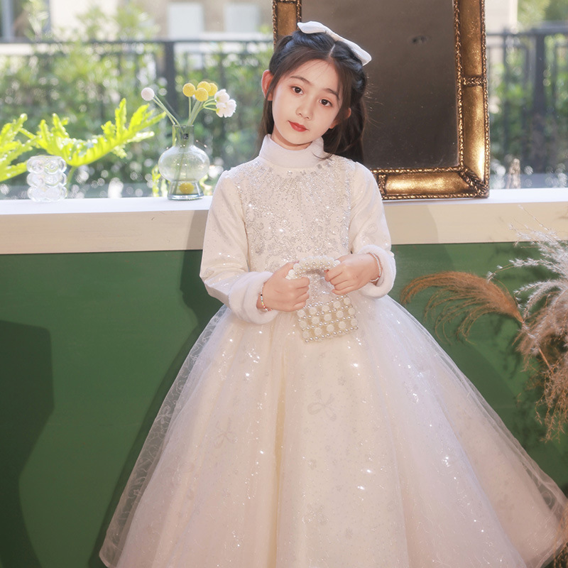 女童礼服加绒公主裙高端主持人小花童婚礼钢琴演奏儿童演出礼服冬