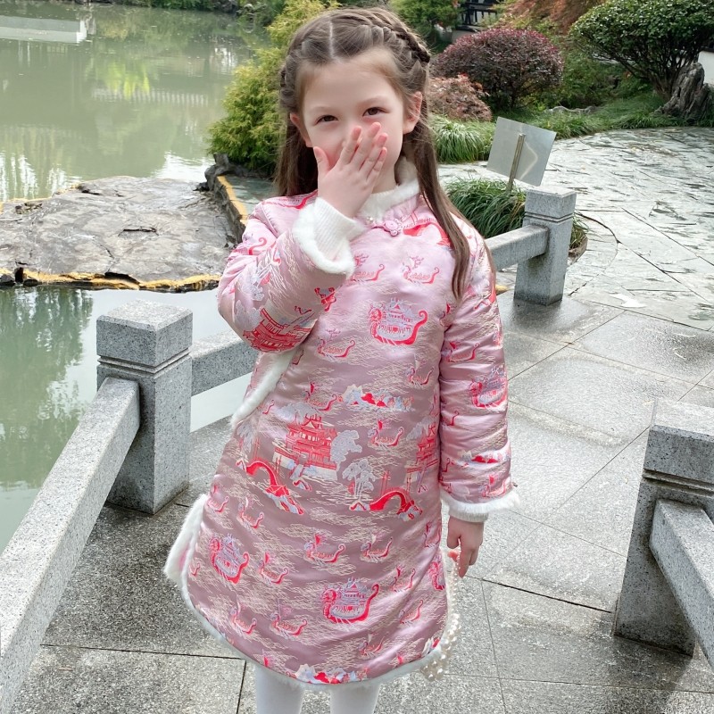 女童旗袍冬季宝宝拜年服中国风儿童女宝唐装加厚古风连衣裙