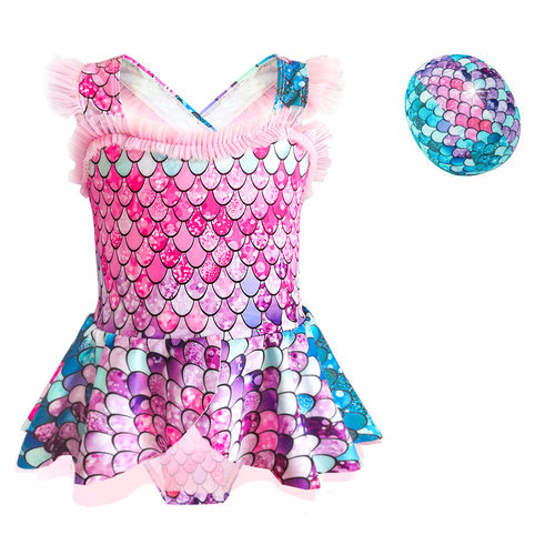 女童泳衣连体2025新款公主美人鱼游泳带帽泳装儿童两件套跨境外贸