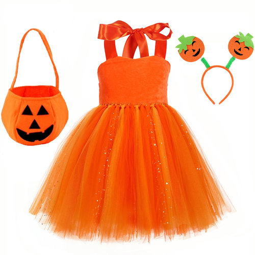 跨境可爱南瓜连衣裙橘色网纱公主裙万圣节派对装扮礼服儿童摄影服
