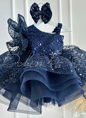 2026新款蓝色女童亮片蓬蓬裙中小童欧美蓬蓬纱儿童礼服亚马逊代发