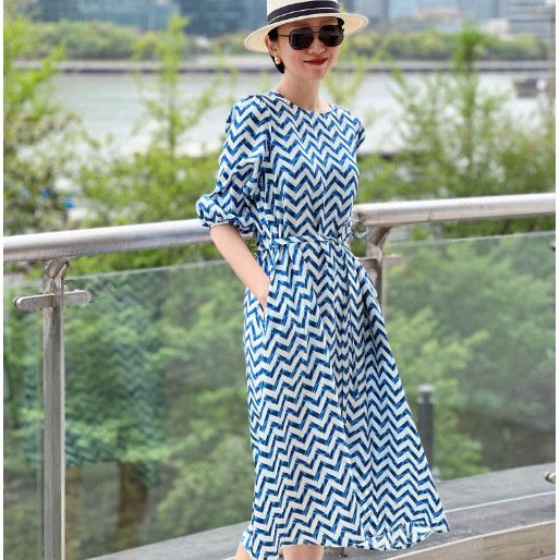 清仓100%真丝海蓝条纹女装新款宽松文艺显瘦夏季长款连衣裙长裙