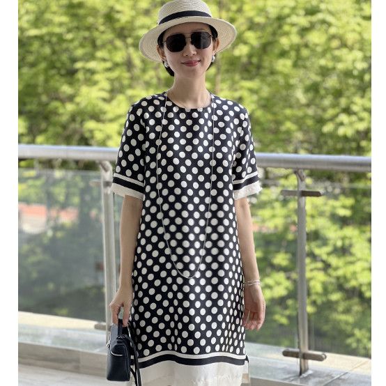 清仓100%真丝慵懒波点夏季波点短袖连衣裙洋气裙子气质收腰显瘦