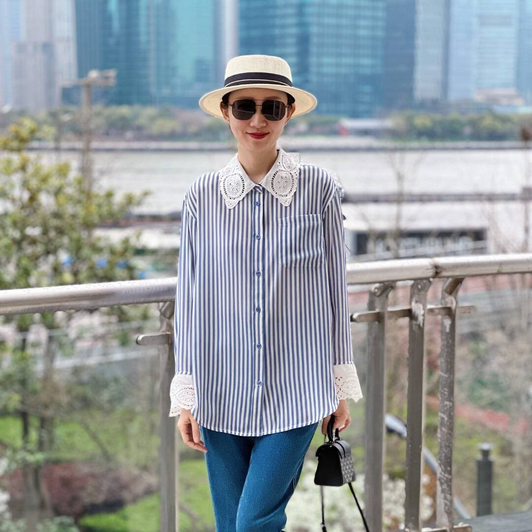 清仓休闲风条纹衬衫女长袖桑蚕丝收口袖显瘦高级感上衣