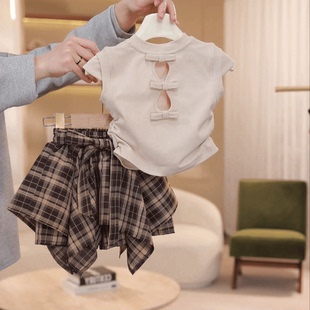 格子裙裤 女童港风夏季 时髦宝宝短袖 2025新款 休闲洋气两件套潮 套装