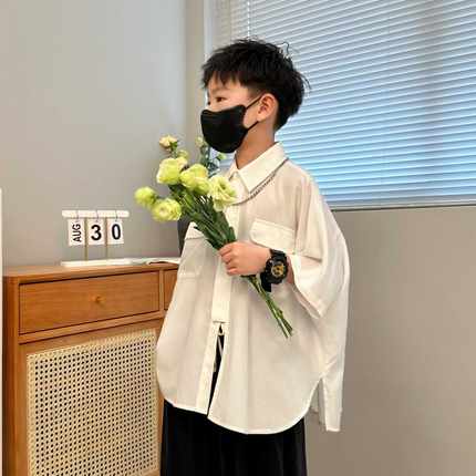 夏季薄款男童冰丝白衬衫中大童口袋衬衣男孩痞帅风炸街上衣儿童潮