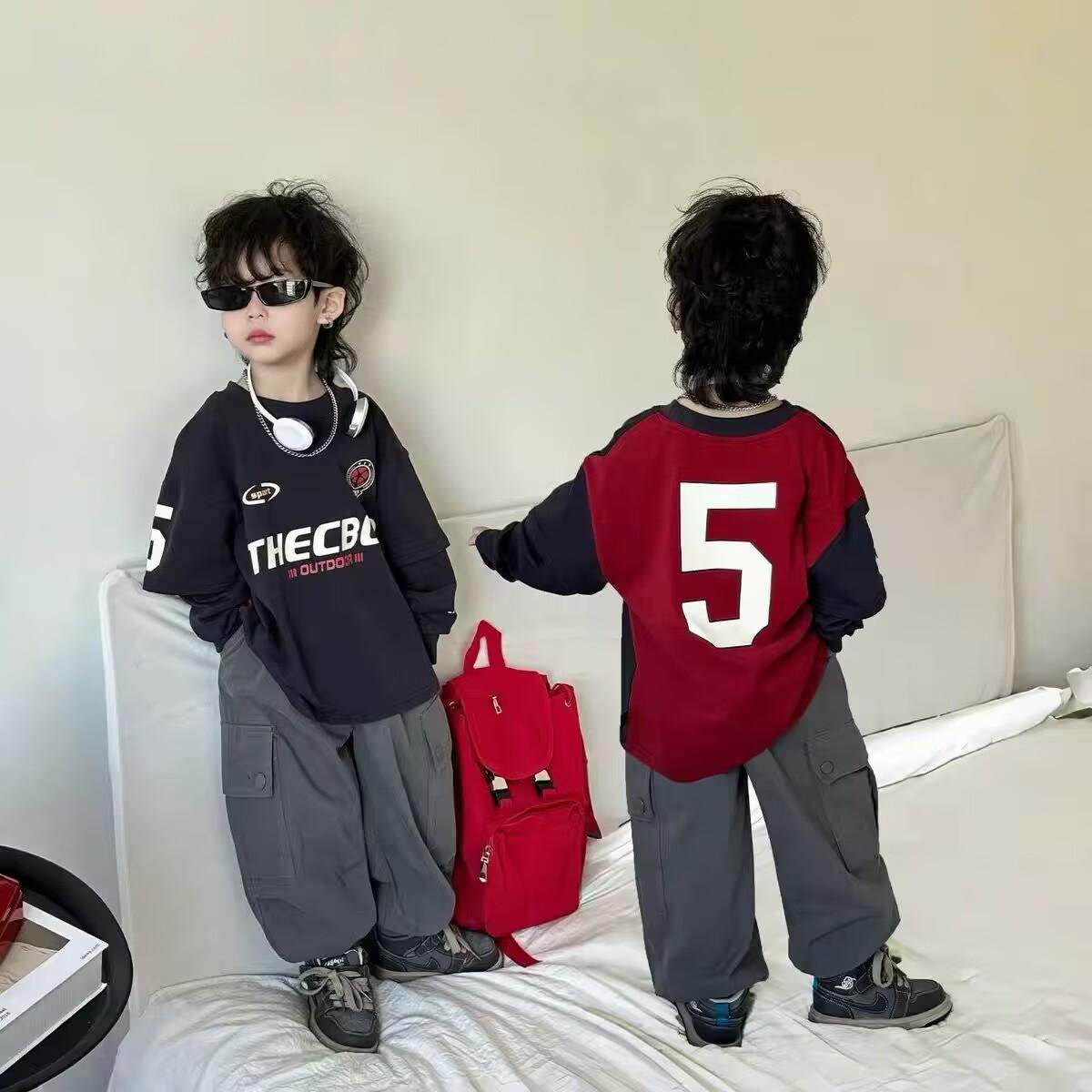 男童印花T恤假两件潮流酷帅上衣t