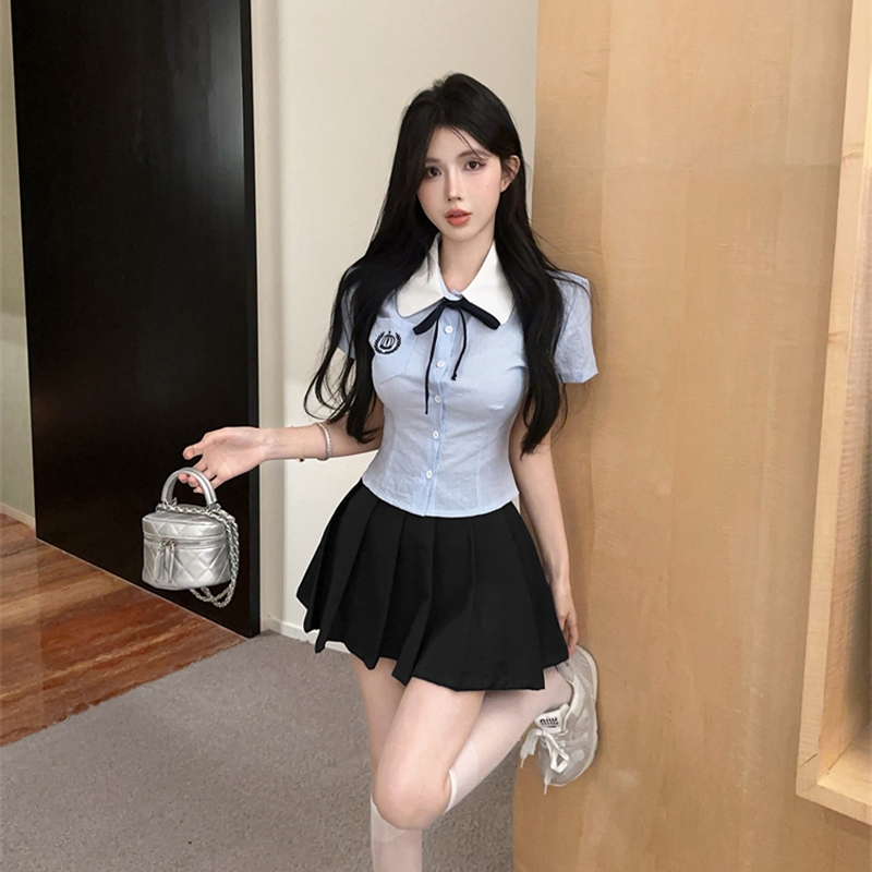 学院风套装蓝色拼接衬衫外穿jk服