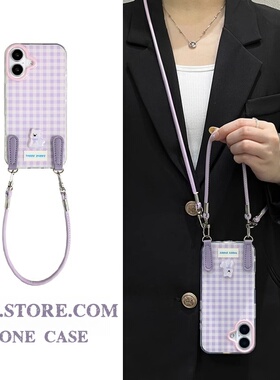 韩系紫色格纹西高地手绳适用华为nova12/876手机壳90荣耀300斜挎挂绳P70pro双层P50防摔mate30高级感X4卡通女