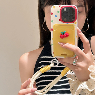 12创意挂绳14pro插卡包678plus全包XR挂绳软套xs DOB少女ins甜妹樱桃波点适用苹果15promax手机壳iPhone13新款
