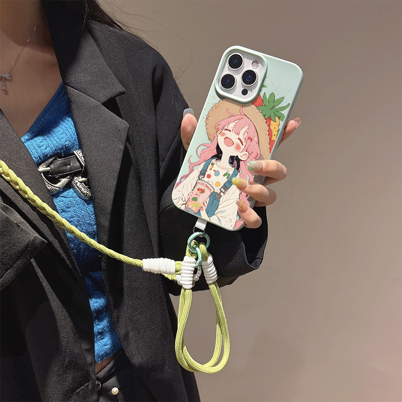 适用苹果手机壳草莓女孩斜挎挂绳