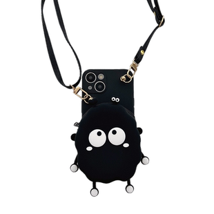 黑色煤球零钱包适用苹果15手机壳iphone16promax保护套13斜挎12pro背带xsmax卡通14可爱xr全包女7p/8plus挂脖