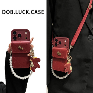 酒红菱格小马零钱卡包适用华为P80手机壳90荣耀500软P70斜挎挂绳mate60pro背带12nova14新款13畅享x50i高级感