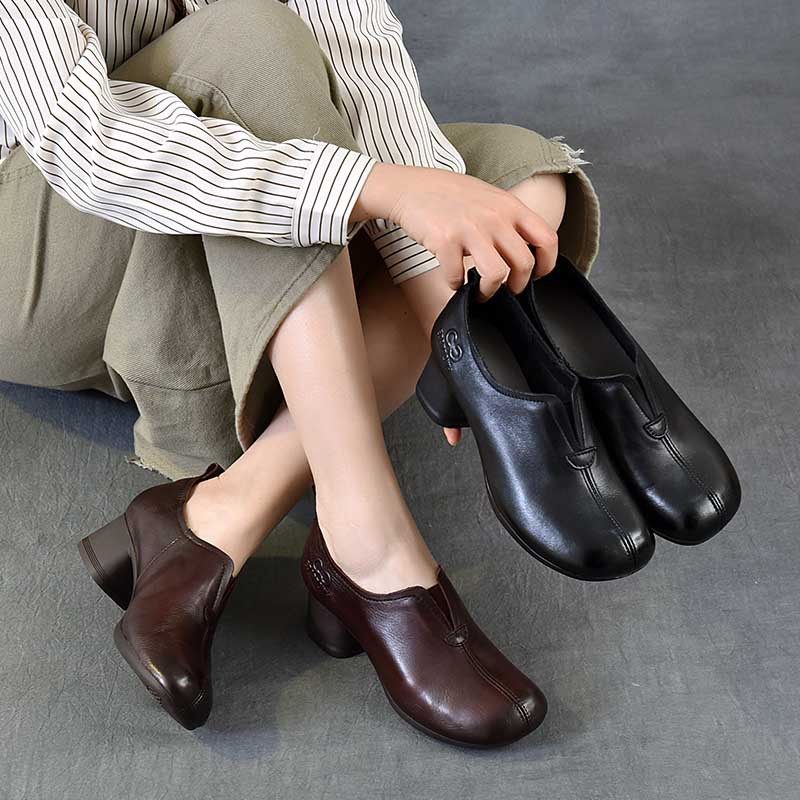 2026新款复古风妈妈鞋真皮浅口单鞋女粗跟软底防滑一脚蹬气质皮鞋,女鞋,浅口单鞋,淘宝优惠券,粉丝福利购,淘宝优惠卷