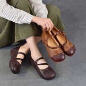2026春秋新款 真皮手工鞋 头层牛皮复古妈妈鞋 女圆头浅口玛丽珍单鞋