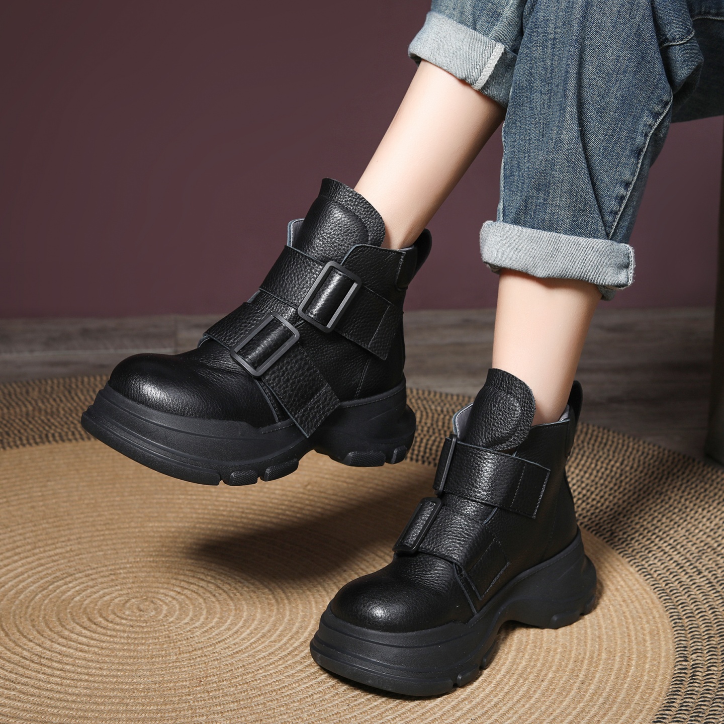 全牛皮复古手工短靴女厚底马丁靴