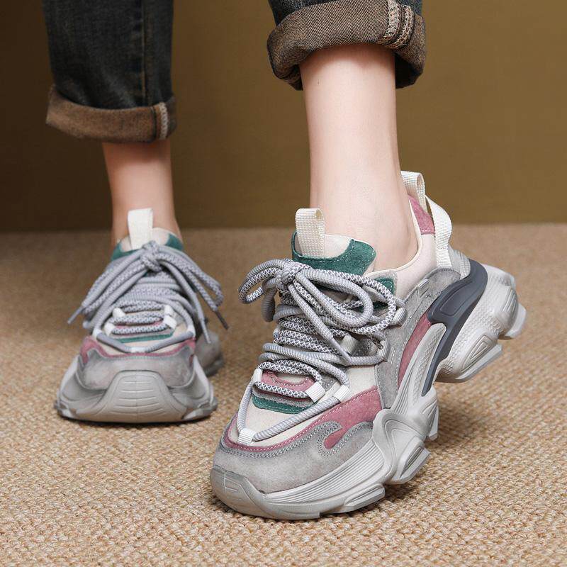 厚底轻便老爹鞋女圆头复古拼色系带单鞋真皮超火ins 设计感运动鞋