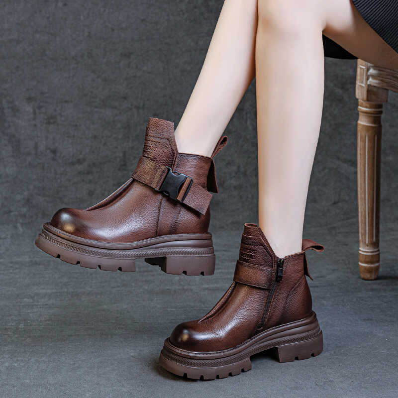 厚底马丁靴女小个子复古真皮短靴