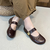 头层羊皮浅口玛丽珍单鞋 女圆头魔术贴真皮手抓纹百搭休闲平底皮鞋