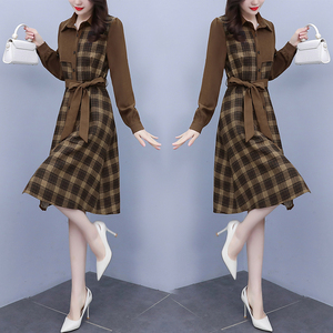 RM21299#大码女装百搭格纹撞色拼接套头衬衫领减龄显瘦连衣裙