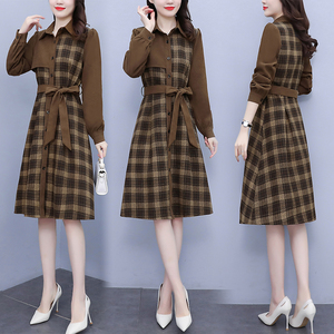 RM21299#大码女装百搭格纹撞色拼接套头衬衫领减龄显瘦连衣裙