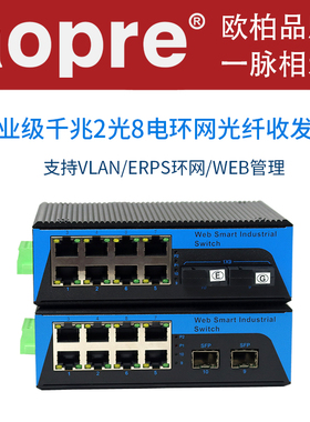 aopre欧柏千兆2光8电光纤交换机导轨式环网交换机T628GSW管理型交换机工业级环网收发器POE48V监控光纤收发器