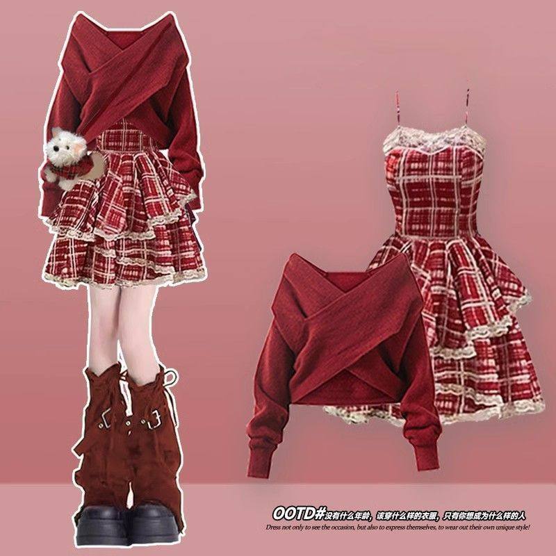 圣诞节服装一整套秋冬穿搭设计感红色毛衣+格子吊带连衣裙两件套,女装/女士精品,时尚套装,淘宝优惠券,粉丝福利购,淘宝优惠卷