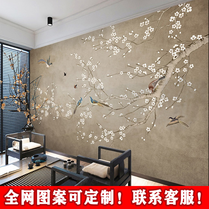 中国风素色花鸟壁画手绘工笔画古典电视背景墙布客厅沙发卧室壁纸