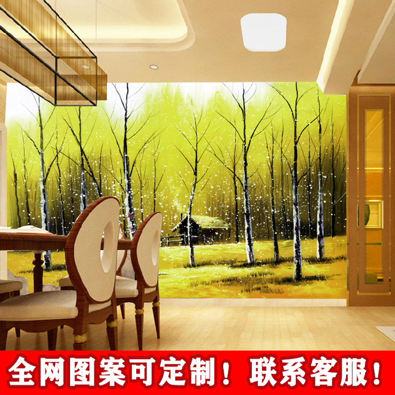 简约白桦树森林背景墙手绘水彩油画风景壁纸客厅沙发无缝装饰墙布图片