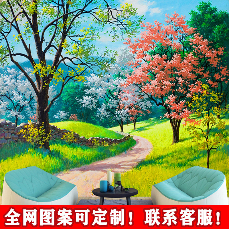 大自然树林樱花风景壁画客厅沙发装饰壁纸公园林中小路油画背景墙