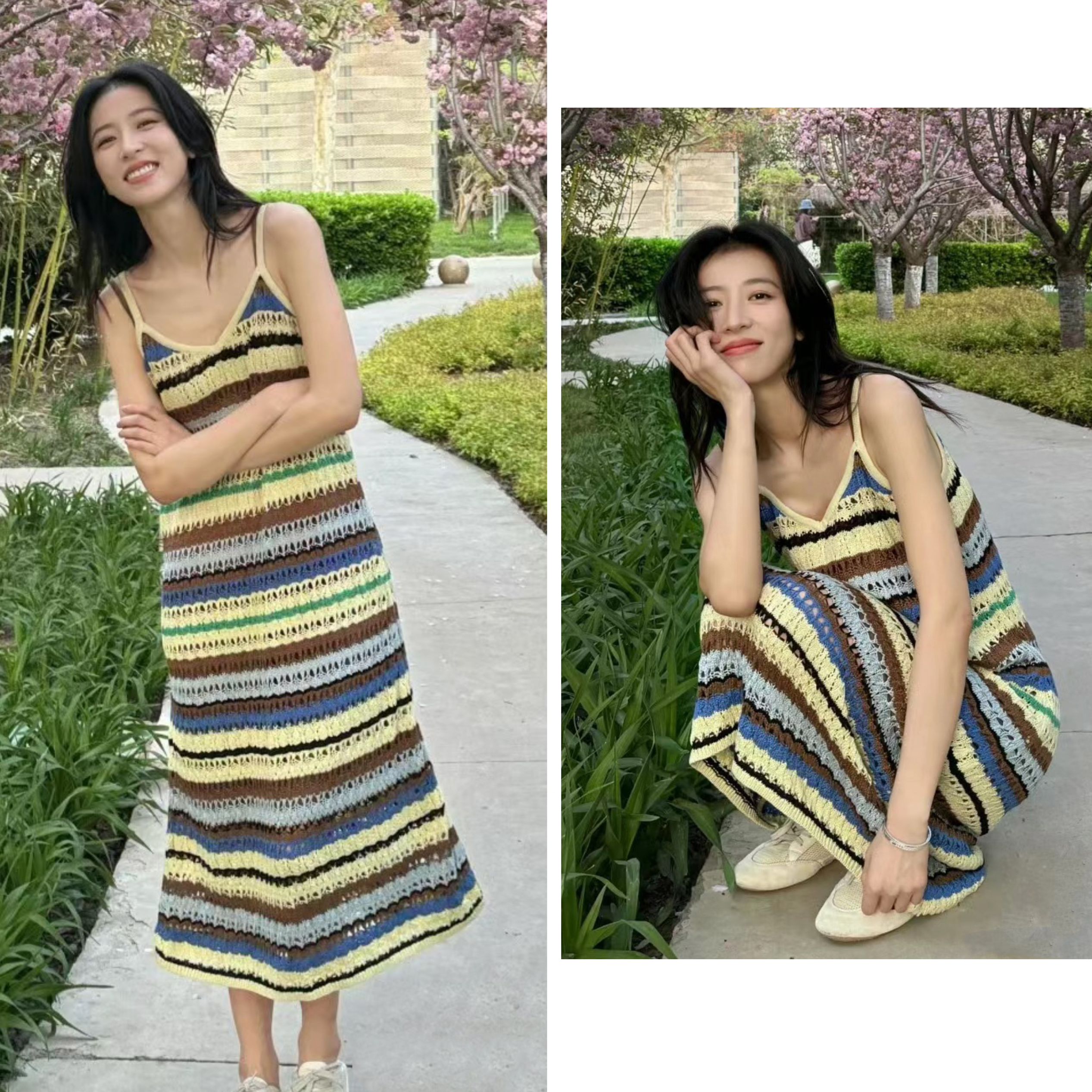 周雨彤程潇同款多巴胺穿搭彩色条纹吊带连衣裙女夏收腰显瘦长裙子