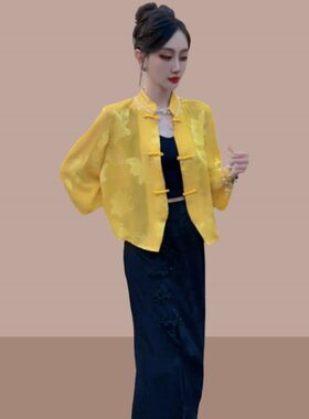 女士新中式国风防晒外套气质薄款提花盘扣短上衣衬衫2026夏季新款