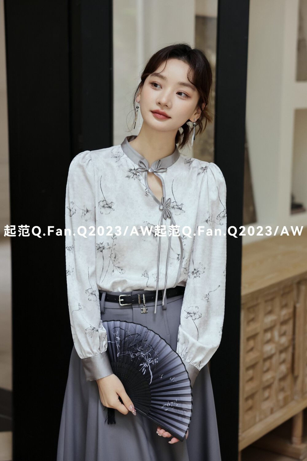 other/其他轻国风立领上衣女2024春季新款水墨画印花盘扣雪纺衬衫