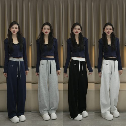 刺绣小标棉美式休闲弯刀阔腿裤女