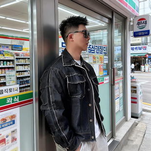 高街VIBE复古做旧水洗磨破潮牌男贴布加厚外套休闲牛仔夹克牛仔衣