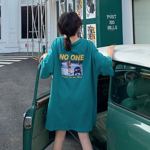 中长款短袖T恤女2021新款夏季宽松T恤裙子潮ins纯棉大码网红韩版