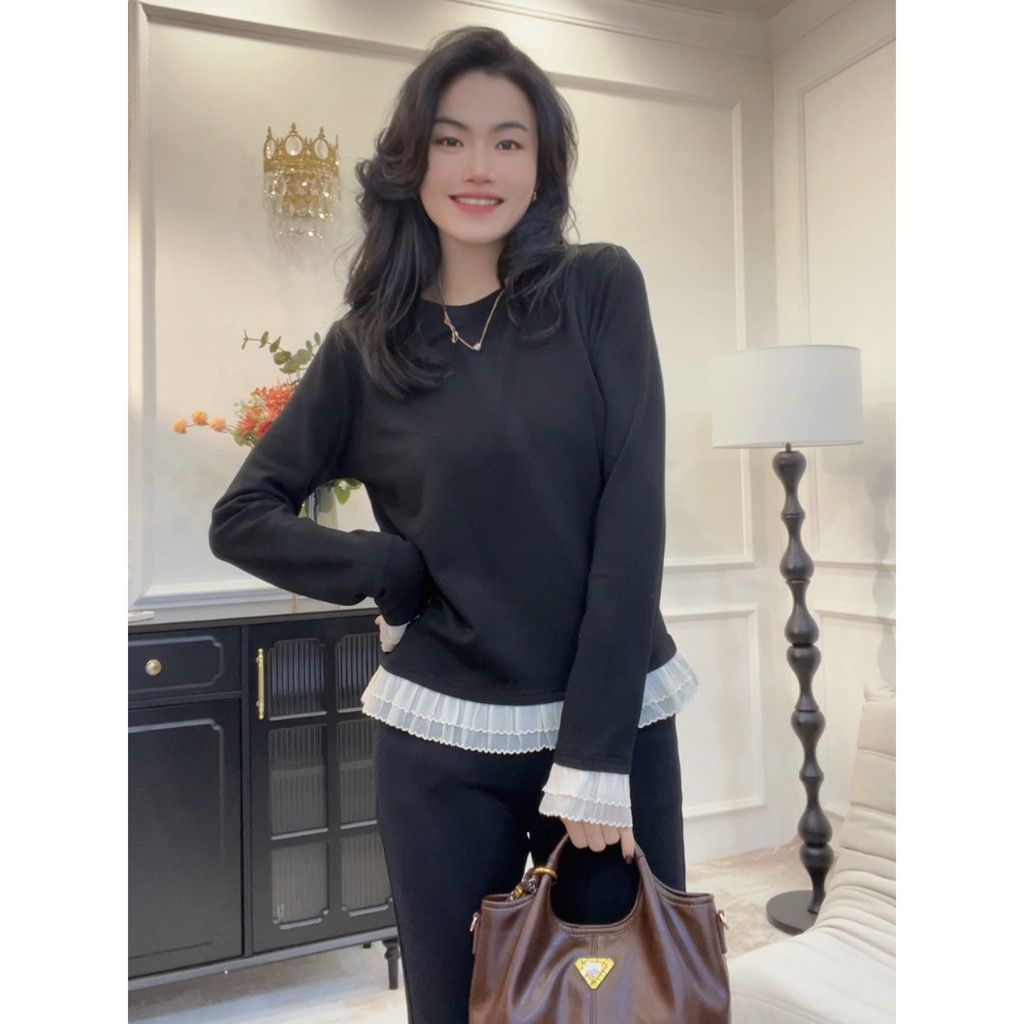 【秋日奶咖】琥珀拼接软蕾丝花边显瘦连大码女装高弹力上衣打底衫