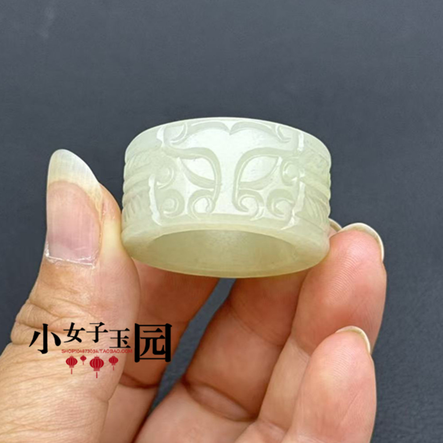 和田玉兽面扳指戒指青白玉手饰