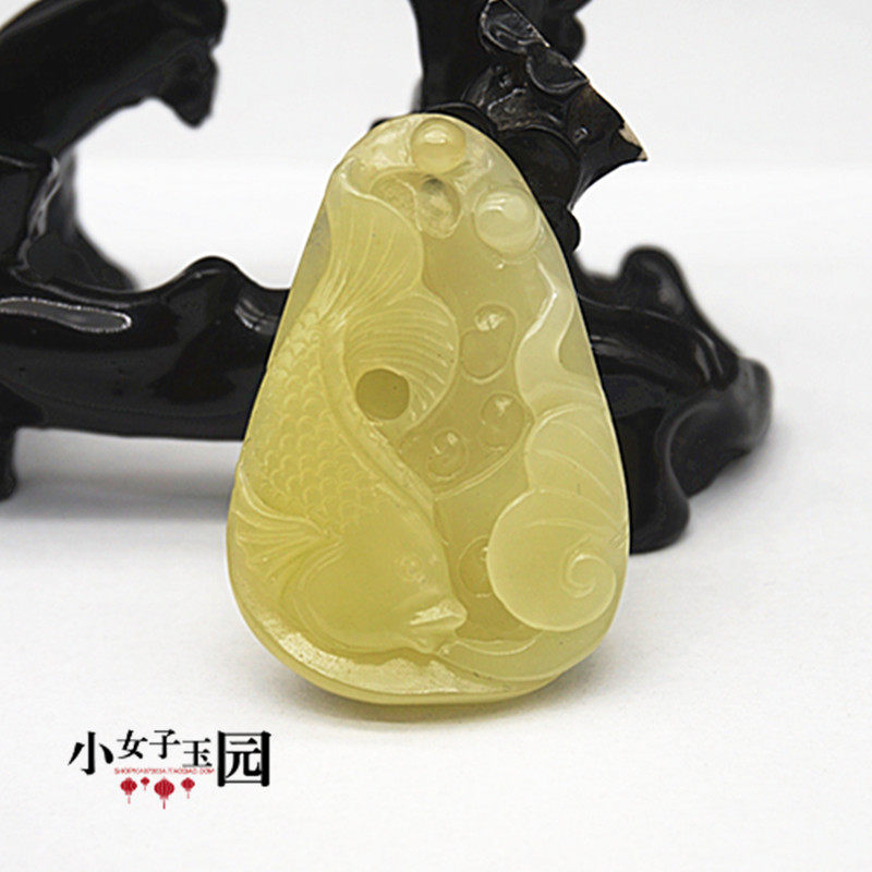 和田玉手工雕刻连年有鱼吊坠挂件黄口料莲花鱼玉佩玉坠男女款颈饰